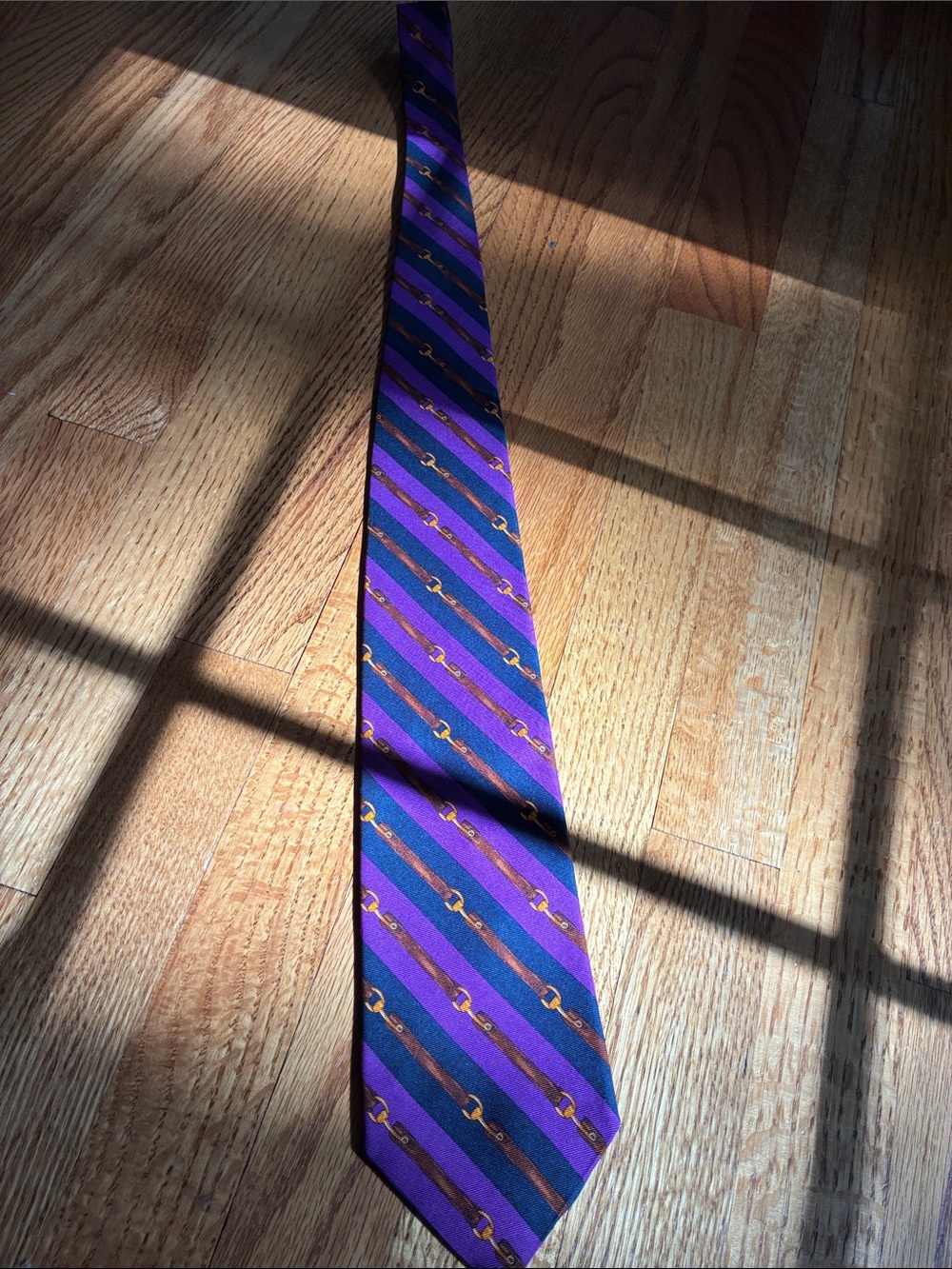Brooks Brothers Purple and Navy Striped Silk Tie with Gold Bit Motif